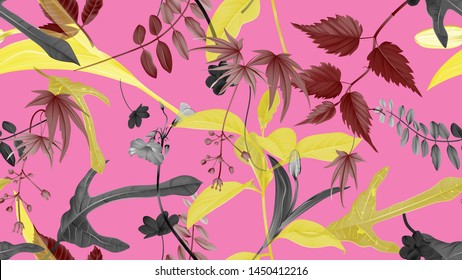 Flowers and foliage seamless pattern, various leaves and flowers in yellow, dark red and black on pink