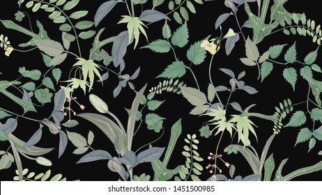 Flowers and foliage seamless pattern, various leaves and flowers in green on dark grey, pastel vintage theme