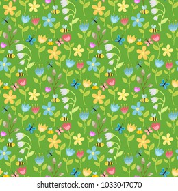 Flowers foliage vector butterfly seamless pattern background flat style berries natural greeting holidays card illustration