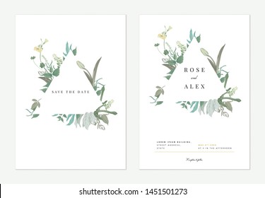 Flowers and foliage wedding invitation card template design, triangle frame decorated with various green leaves and flowers on white