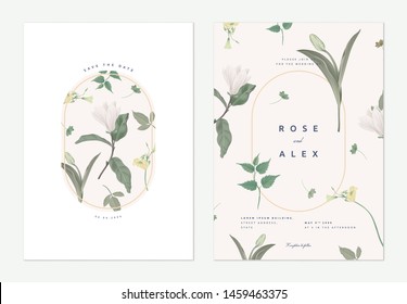 Flowers and foliage wedding invitation card template design, Anise magnolia flowers and various green leaves on light brown