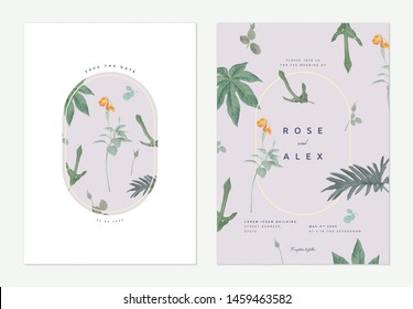 Flowers and foliage wedding invitation card template design, crossandra flowers and various green leaves on light purple