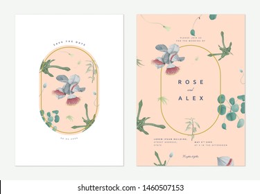 Flowers and foliage wedding invitation card template design, Eucalyptus rhodantha flowers and various green leaves on light orange