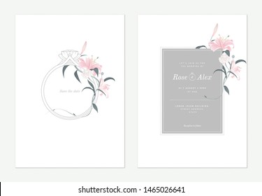 Flowers And Foliage Wedding Invitation Card Template Design, Wedding Ring Decorated With Pink Lily Flowers And Leaves On White