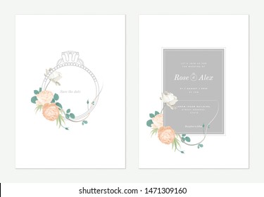 Flowers And Foliage Wedding Invitation Card Template Design, Wedding Ring Decorated With Roses And Leaves On White