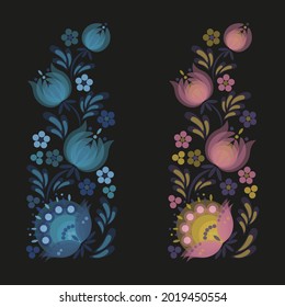 flowers folk pattern beautiful colorful bouquet black background