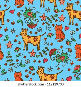 Flowers folk seamless pattern with animals. Can be used for wallpaper, pattern fills, web page background, surface textures, textile.