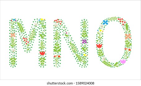 Flowers Font and leaf text M,N,O. Isolated on white background.for decoration in spring, summer.  Vector Illustration For Web, Banners, Posters, Cards, Wallpapers, Calendars.
