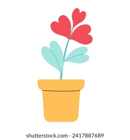 Flowers in form heart. Love plant in pot. Vector illustration. Design for Valentines Day. The concept of goodness and love. Happy Valentine. Trendy flat vector illustration