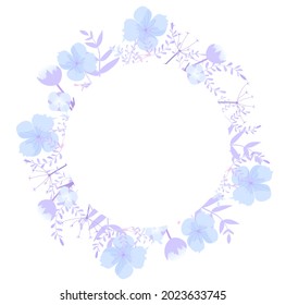 Blumenrahmen, schöne blaue Blumen und Blätter, runder Rahmen, Postkarte, Vektorgrafik