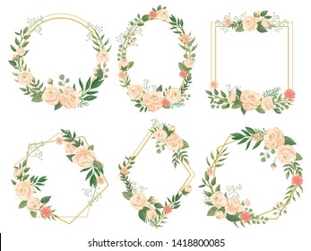 Flowers frame. Flower border frames, round bloom and decorative wedding floral square card vector illustration set