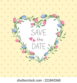 Flowers frame. Heart.  Vector retro  background. Floral romantic card. Vintage. Place for text. Invitation.