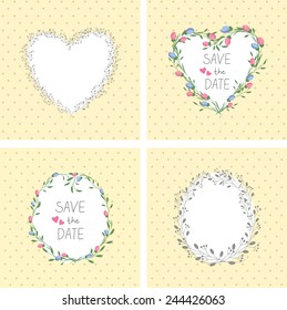 Flowers frame. Heart. Vector retro  background. Floral romantic vignette. Vintage. Place for text. Invitation.