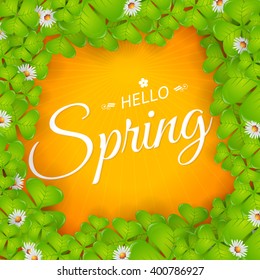 Flowers Frame Hello Spring Ad, Greeting Card or Banner Vector Design