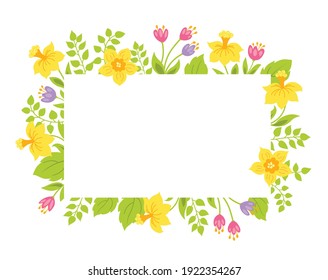 Flowers frame with narcissus, tulips and green leaves. Spring floral border with place for text. Vector illustration.