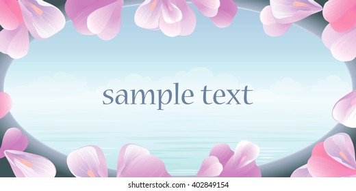 Flowers frame. Pink petals flowers against background of turquoise sea. View from the window.  Petals Roses Flowers.  Vector
