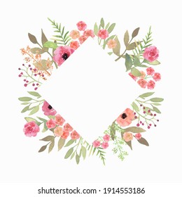 Flowers frame rhombus roses. Card on white backdrop. Hand drawn powder flower vector background border. 