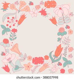 Flowers frame template. Tropical flowers arranged un a shape of the wreath perfect for wedding invitations and birthday cards