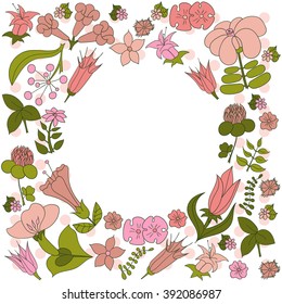 Flowers frame template. Tropical flowers arranged un a shape of the wreath perfect for wedding invitations and birthday cards