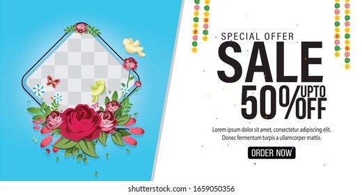 Flowers frame template. Vector illustration. holiday shop seasonal discount offer. 