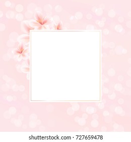 Flowers frame. White Pink Sakura Flowers frame isolated on pink bokeh background. Vector EPS 10, cmyk