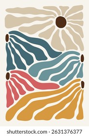 Flowers framed art print hand drawn leaves shapes matisse style, naive art, contemporary background. Chamomile, sun flowers vector illustration