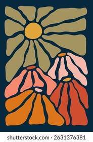 Flowers framed art print hand drawn leaves shapes matisse style, naive art, contemporary background. Chamomile, sun flowers vector illustration