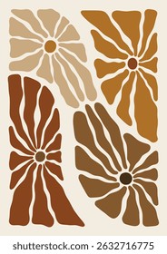 Flowers framed art print hand drawn leaves shapes matisse style, naive art, contemporary background. Chamomile, sun flowers vector illustration