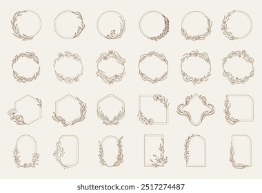 Molduras de flores. Quadros florais decorativos minimalistas com folhas e flores modelo de vetor recente definido para convite de cartões de casamento