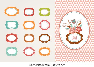 Flowers with frames - vector illustrations collection, vintage stylized. Perfect for wedding invitations, birthday cards, thank you tags