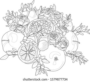 Flowers and fruits bouquet sketch. Vector illustration in black and white. Coloring paper, page, book