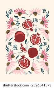 Flowers and fruits card. Pomegranates and wildflowers poster. Vector flat hand drawn illustration