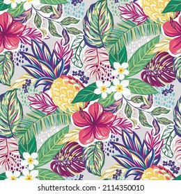 Flowers, fruits and tropical foliage. Seamless pattern with vector hand drawn illustrations