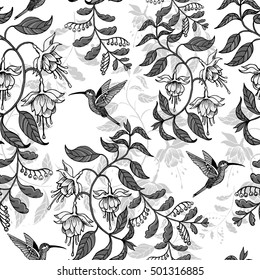 Flowers fuchsia pattern with birds romantic on the white background.