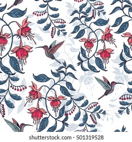 Flowers fuchsia pattern with birds romantic on the white background.