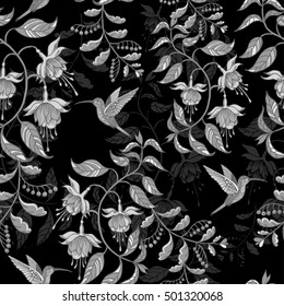 Flowers fuchsia pattern with birds romantic monochrome on the black background.