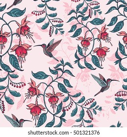 Flowers fuchsia pattern with birds romantic on the pink background.