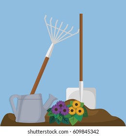flowers and gardeing equipment over blue background. colorful design. vector illustration