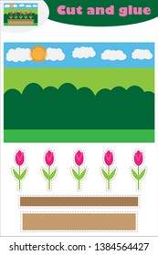 Flowers in the garden cartoon, education game for the development of preschool children, use scissors and glue to create the applique, cut parts of the image and glue on the paper, vector illustration