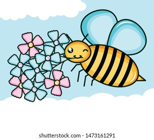 flowers garden with little bee flying kawaii character