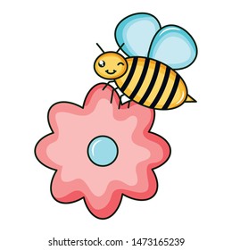flowers garden with little bee flying kawaii character