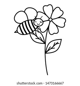 flowers garden with little bee flying kawaii character