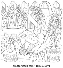 Flowers in the garden and snails black and white vector illustration
