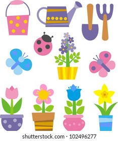 flowers, garden tools and insect