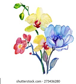 Flowers . Garland, Watercolor hand painted illustration. vector
