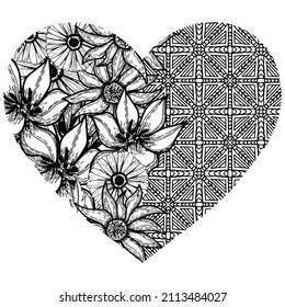flowers and geometric figures drawn on a white background in the shape of a heart for coloring, coloring book pages, vector