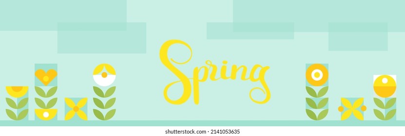 Flowers In Geometric Shapes, Template For Cover And Web Design. Spring - Lettering Word For Intro Design In Scandinavian Trendy Style.	