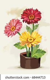 Flowers Gerbera in a pot on light background, Elegance retro vector illustration.