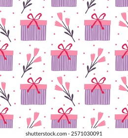 Flowers and gifts in boxes, Valentine's Day, Scandinavian style, ideal for fabric, wrapping paper, textiles, baby bedding, wallpaper, pajamas.