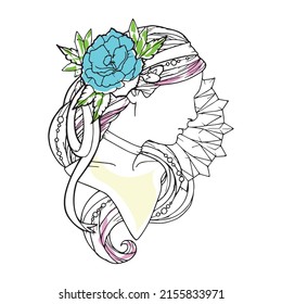 Flowers girl line art. Girl icon with colours background.